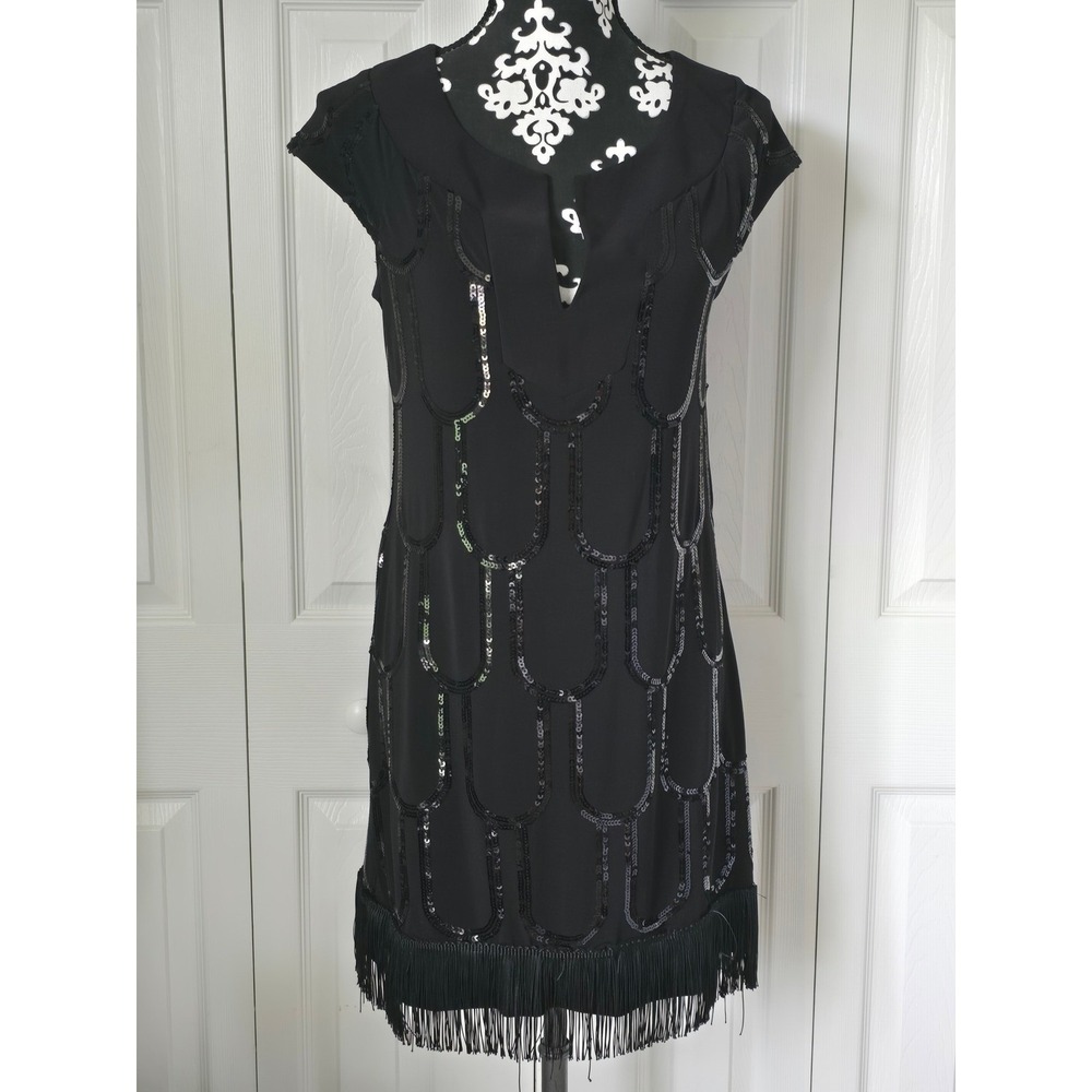 B. Darlin Black Flapper‎ Dress Sequin Scallop Fringe Great Gatsby Sz 11/12